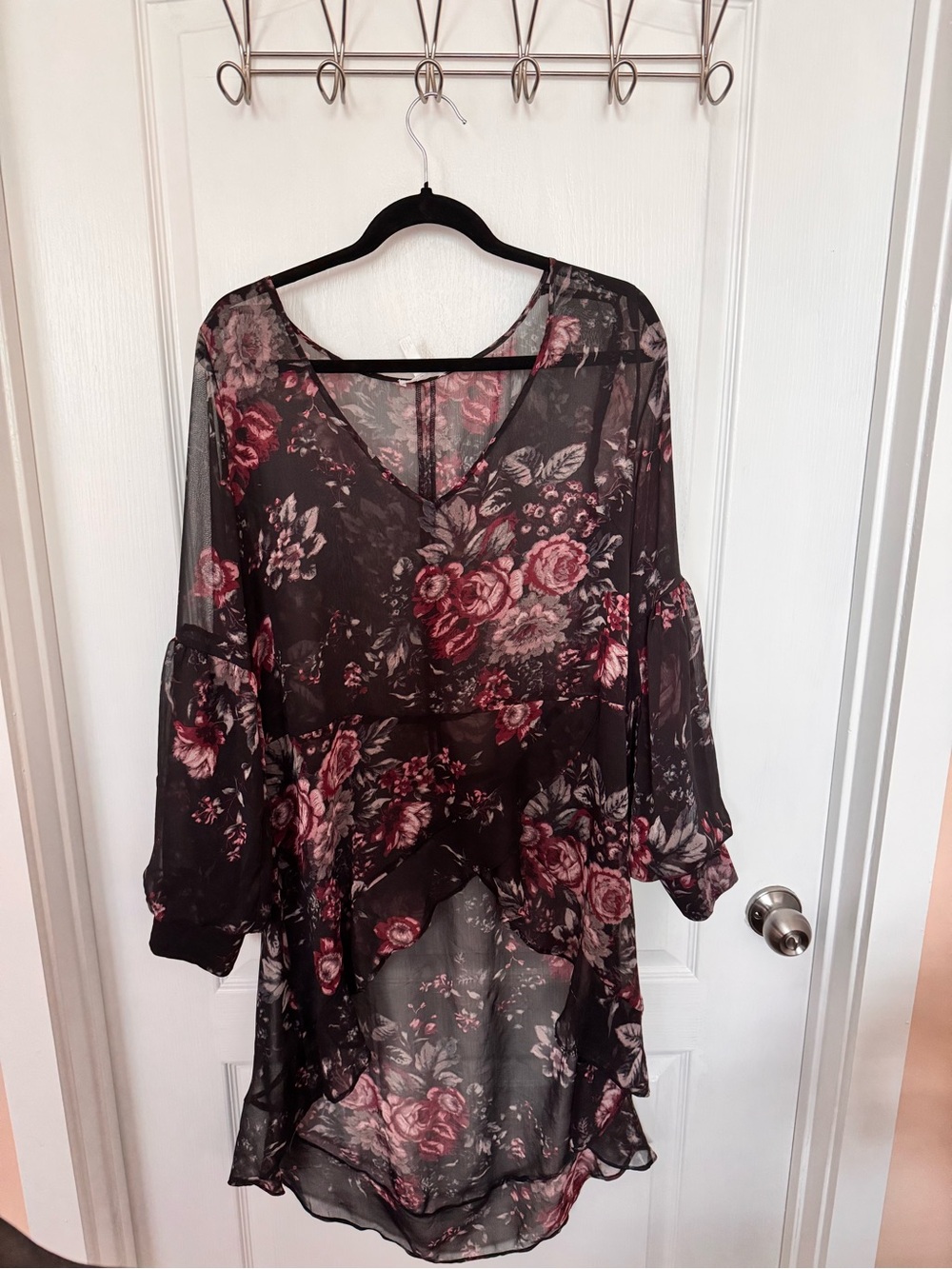 Leith Black Sheer Floral Blouse with Pink Rose Accents